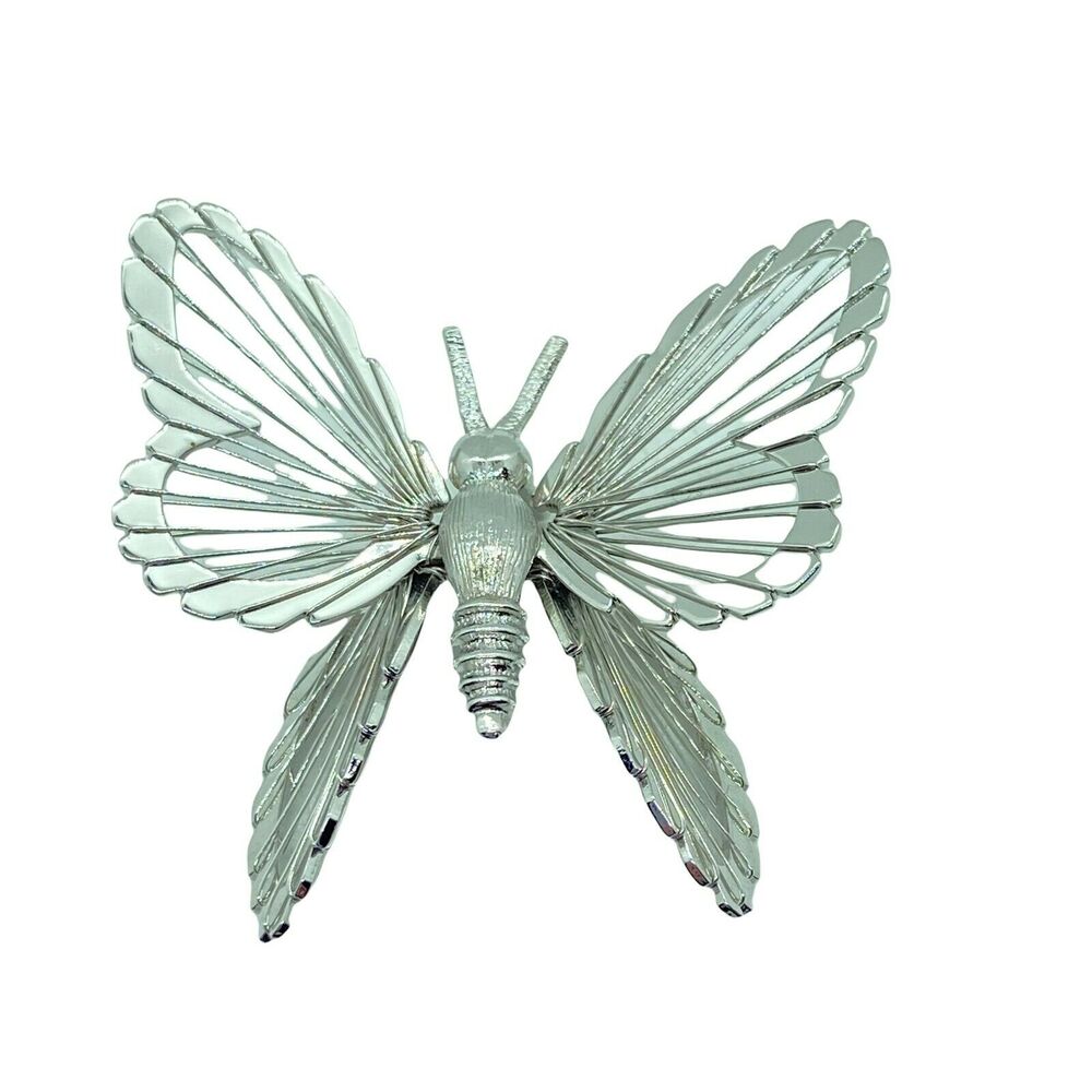 Monet Butterfly Brooch Pin Novelty Signed Womens Silver Tone Retro Statement